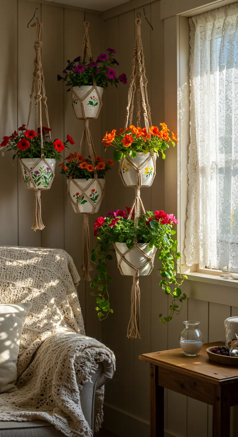 Quatre pots blancs à motifs floraux suspendus en macramé avec des fleurs rouges, orange et violettes.