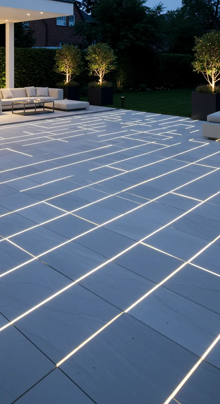 Grande terrasse carrelée moderne avec des motifs géométriques de lignes LED lumineuses intégrées.
