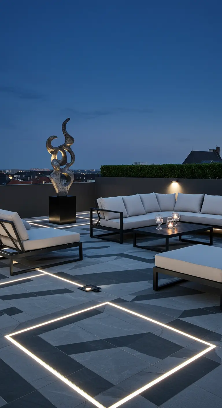 Rooftop moderne avec dallage géométrique, éclairage LED de sol intégré et sculpture.