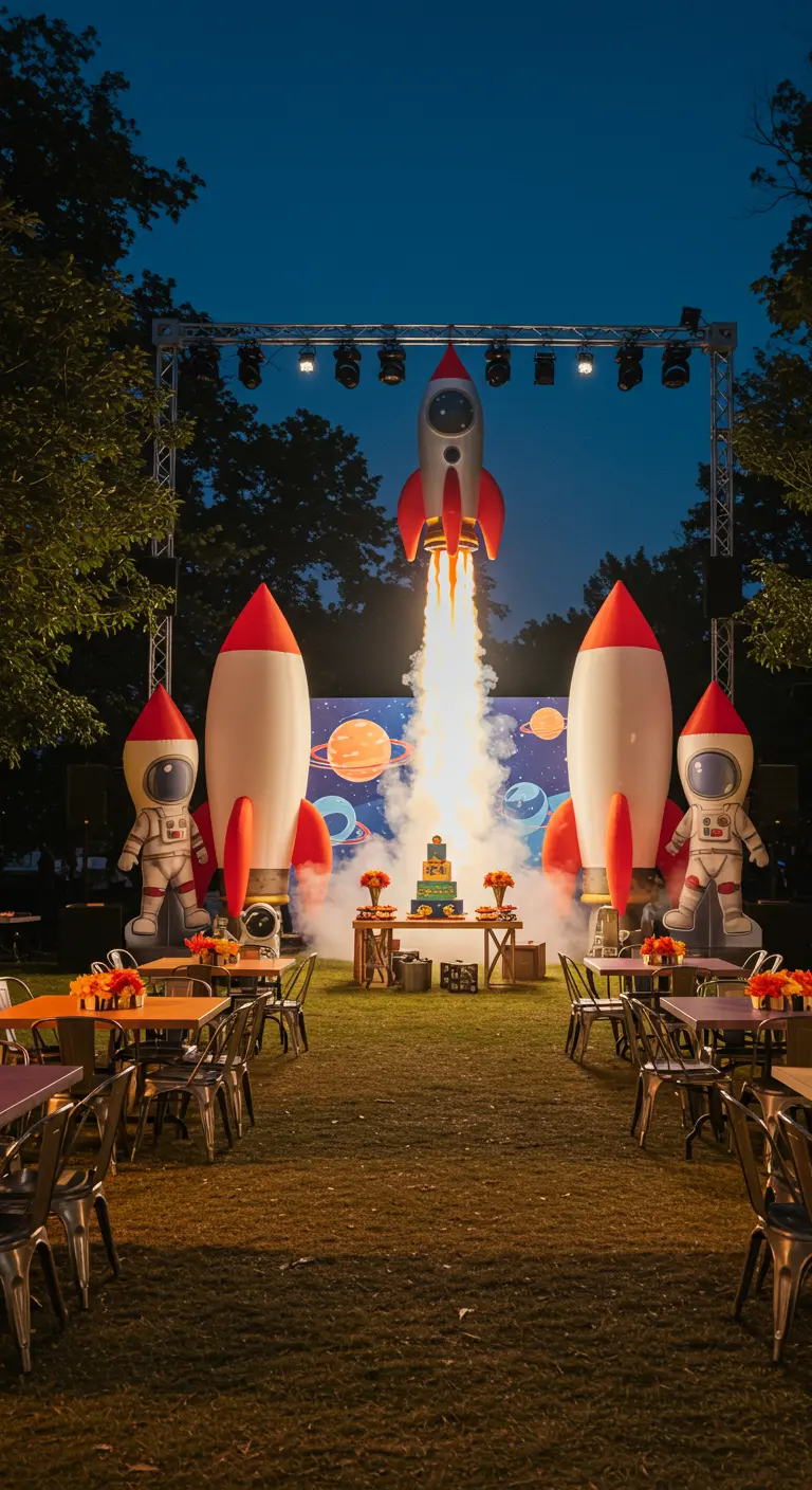 Scène extérieure avec grande fusée, astronautes, fond de planètes et tables de fête.