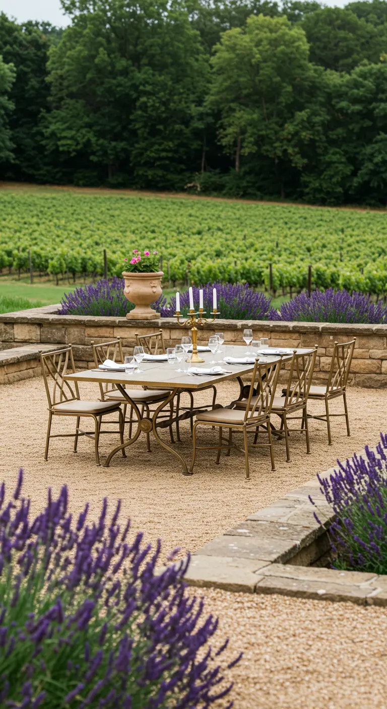 Table à manger en fer forgé doré dans un vignoble avec des rangées de lavande.