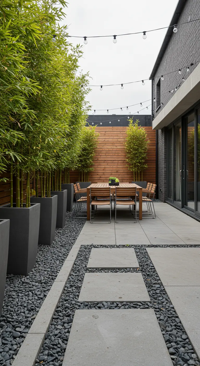 Terrasse extérieure avec table à manger, bambous en grands pots, clôture en bois et guirlandes lumineuses.