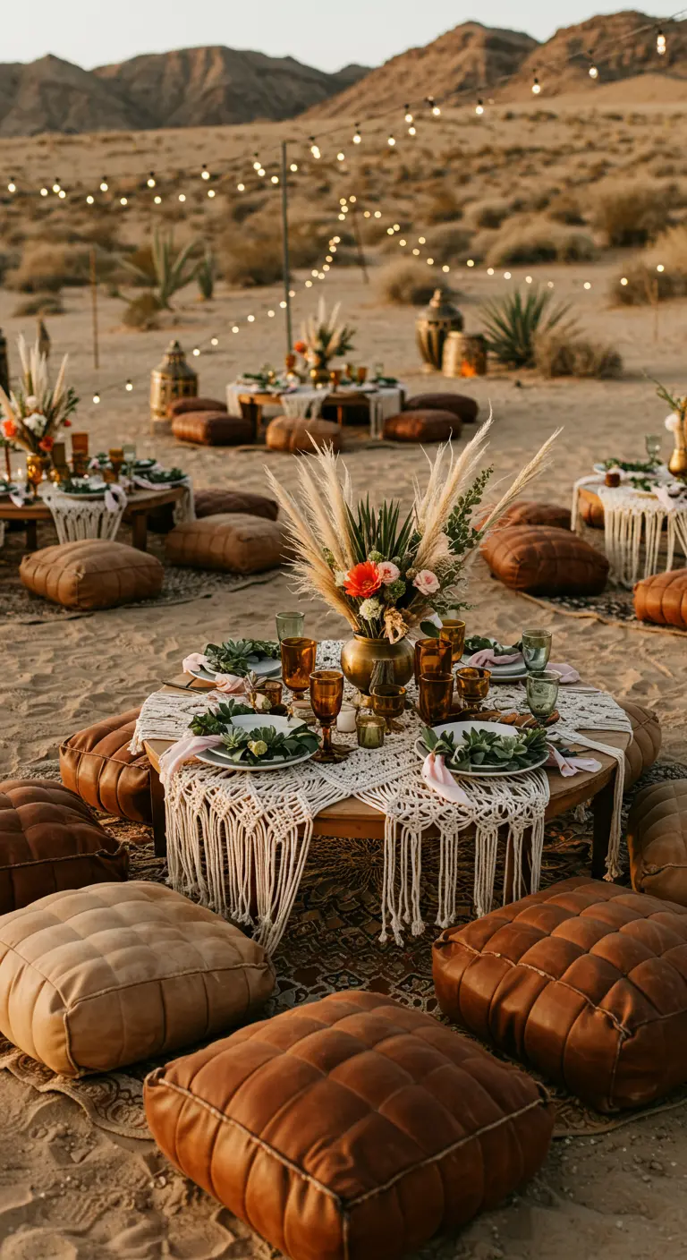 Tables de mariage dans le désert avec couronnes de pampas, macramé et coussins au sol.