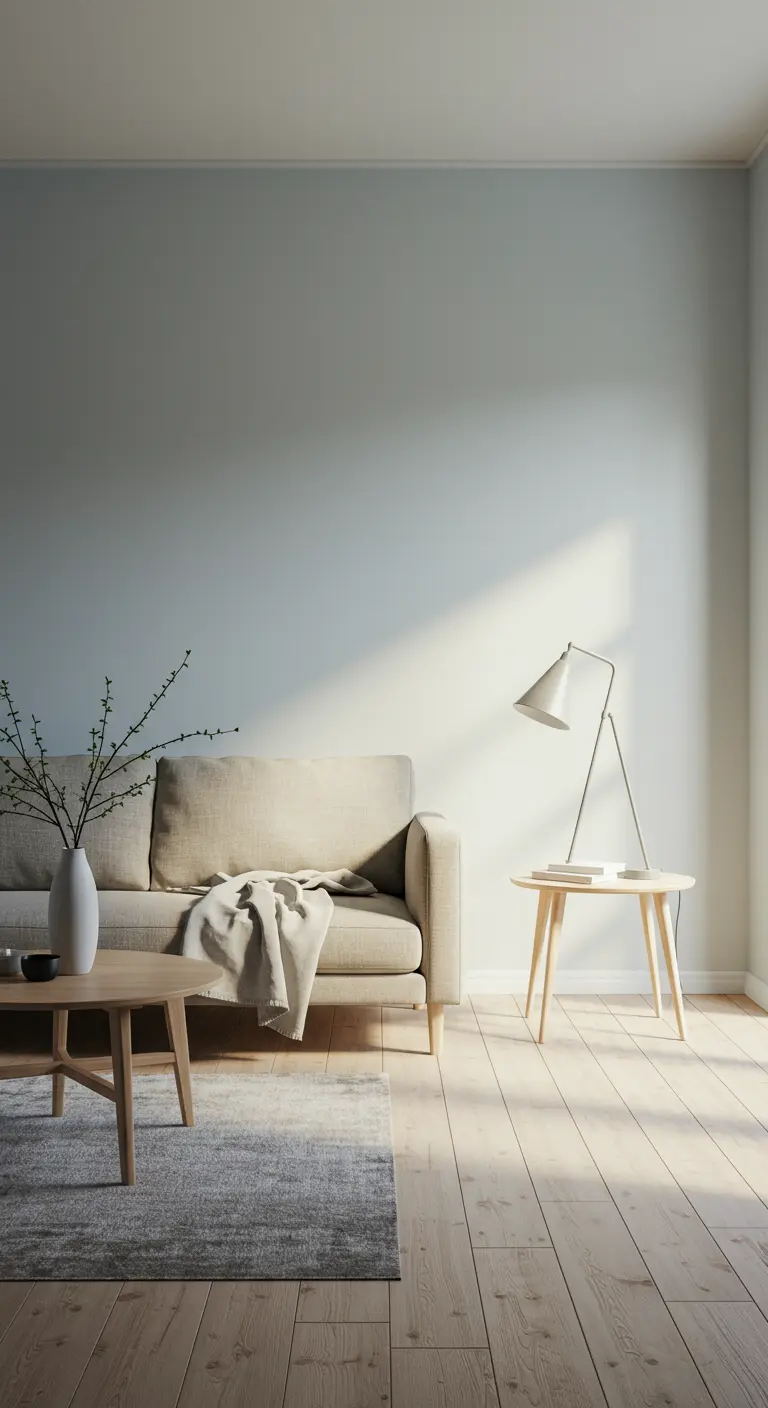 Salon scandinave minimaliste avec canapé beige, tables basses bois, lampadaire blanc et vase avec branches.