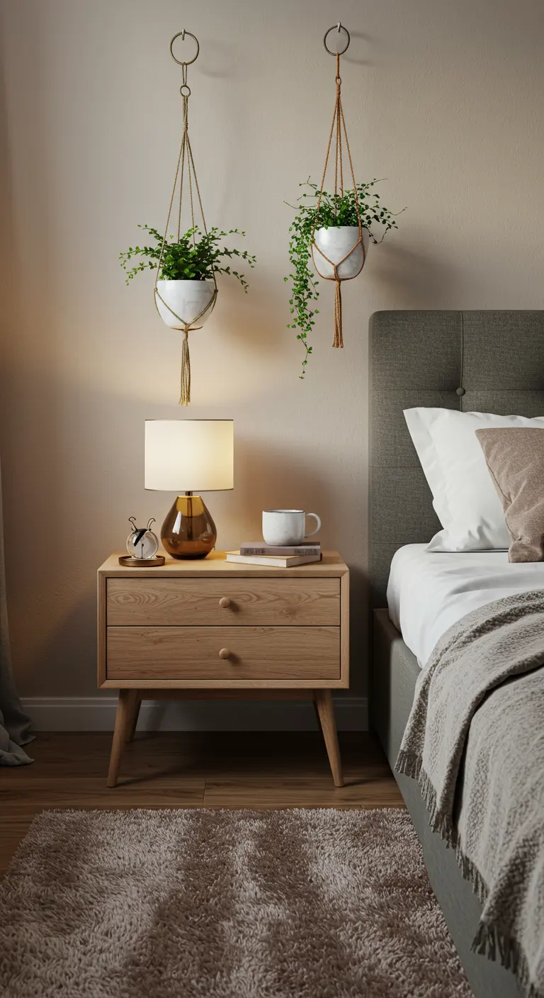 Deux pots suspendus en macramé blanc avec plantes tombantes au-dessus d'une table de nuit en bois.