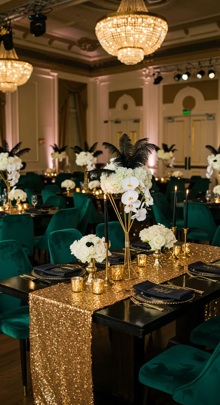Tables de mariage glamour avec couronnes de roses blanches, plumes noires et paillettes dorées.