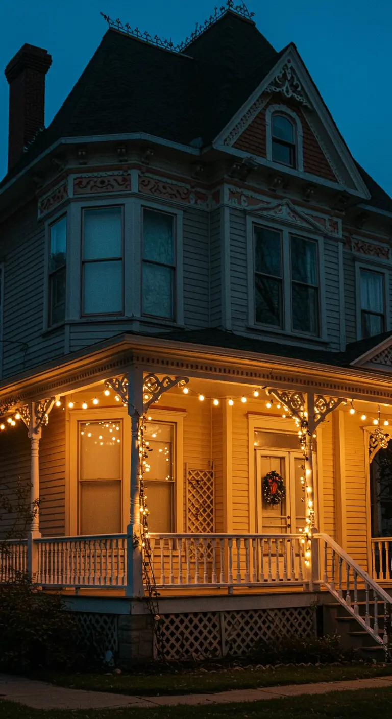 Maison victorienne avec porche détaillé illuminé par des guirlandes lumineuses.