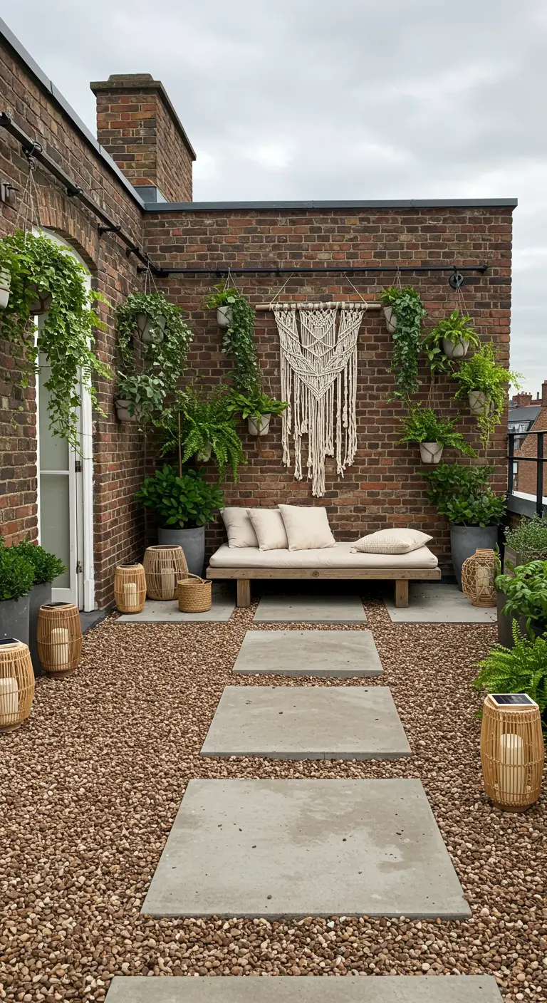 Terrasse en gravier avec allée de dalles en pierre, lit de jour et mur en briques décoré.