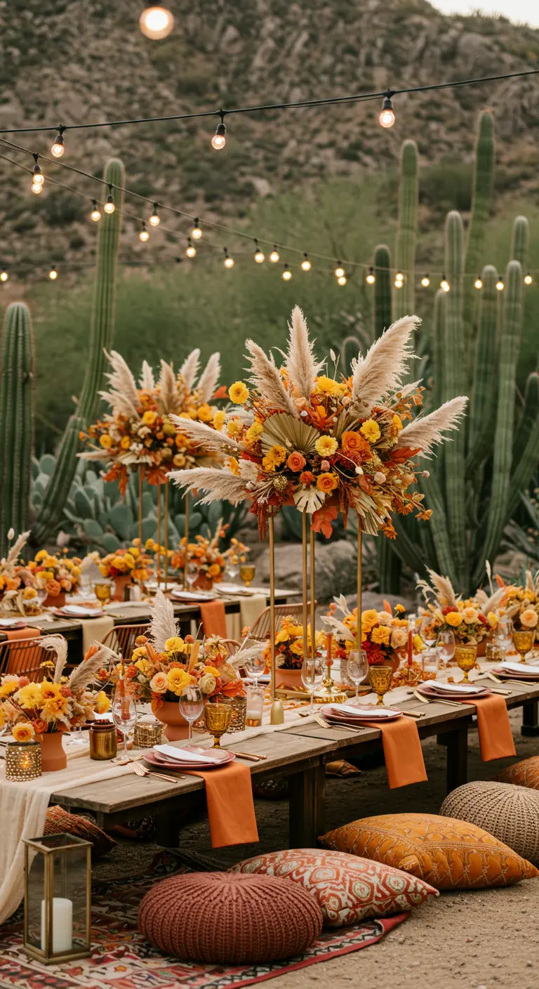 Réception en extérieur dans le désert avec des tables en bois, centres de table de fleurs chaudes et herbe de la pampa sur supports dorés.