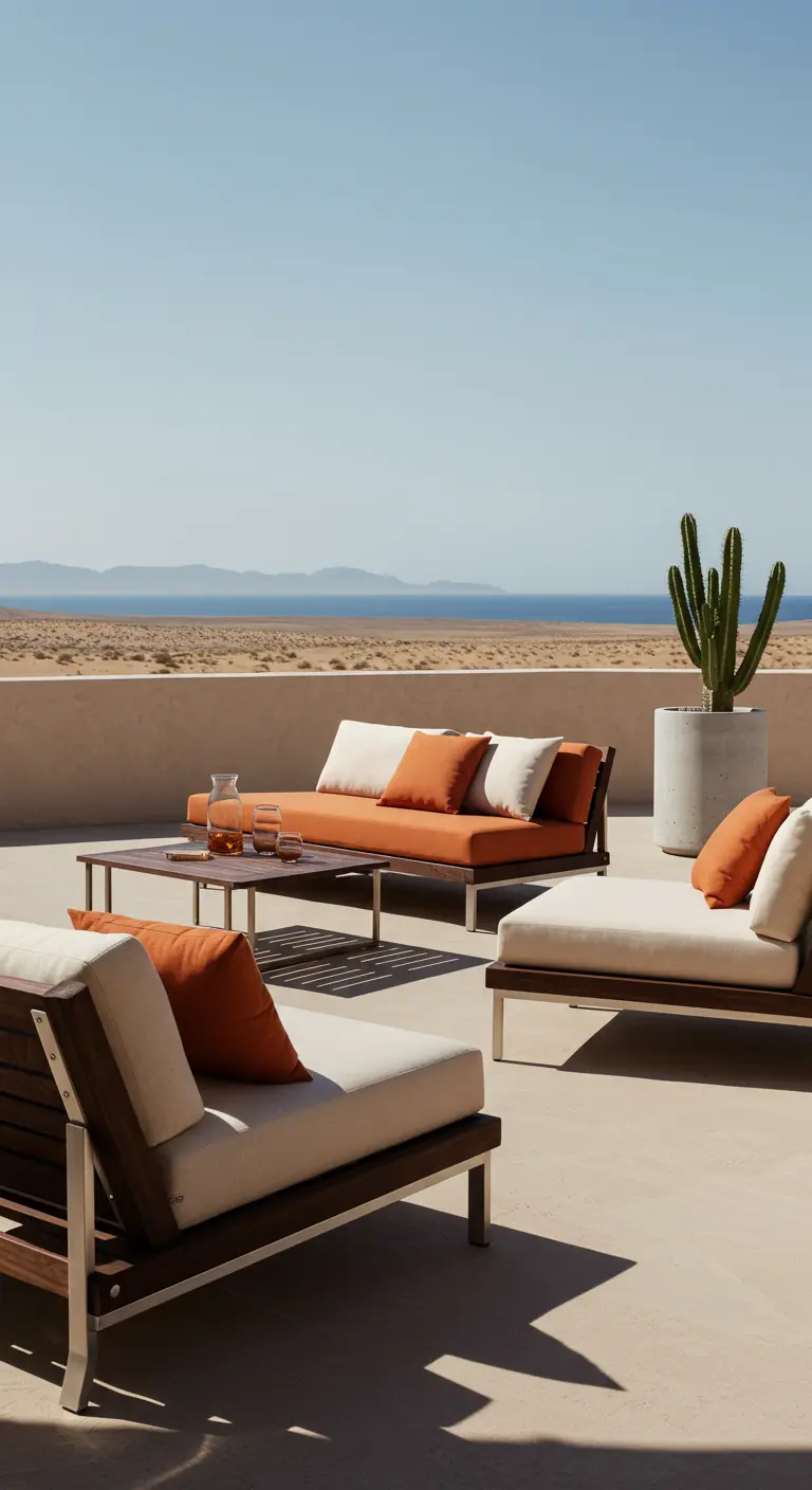 Salon de terrasse moderne, coussins orange, cactus en pot, vue sur l'océan et paysage désertique.