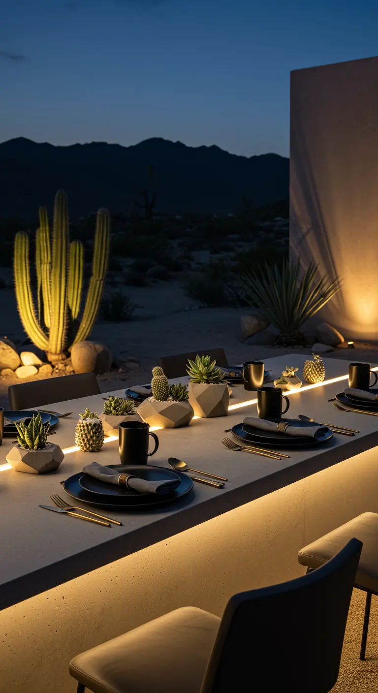 Longue table de dîner moderne dans un décor désertique avec éclairage LED intégré et plantes succulentes.