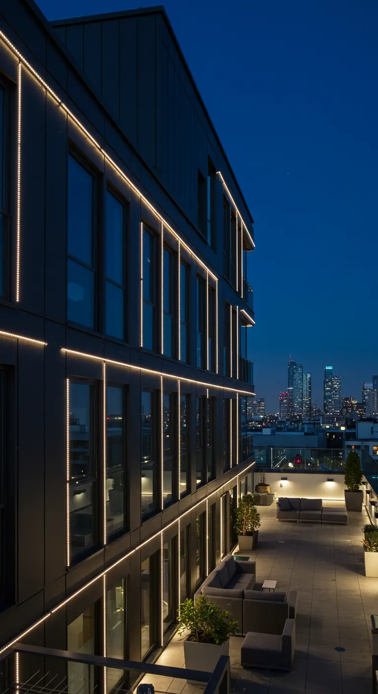 Façade d'immeuble moderne avec des lignes LED verticales et horizontales, vue sur la ville la nuit.