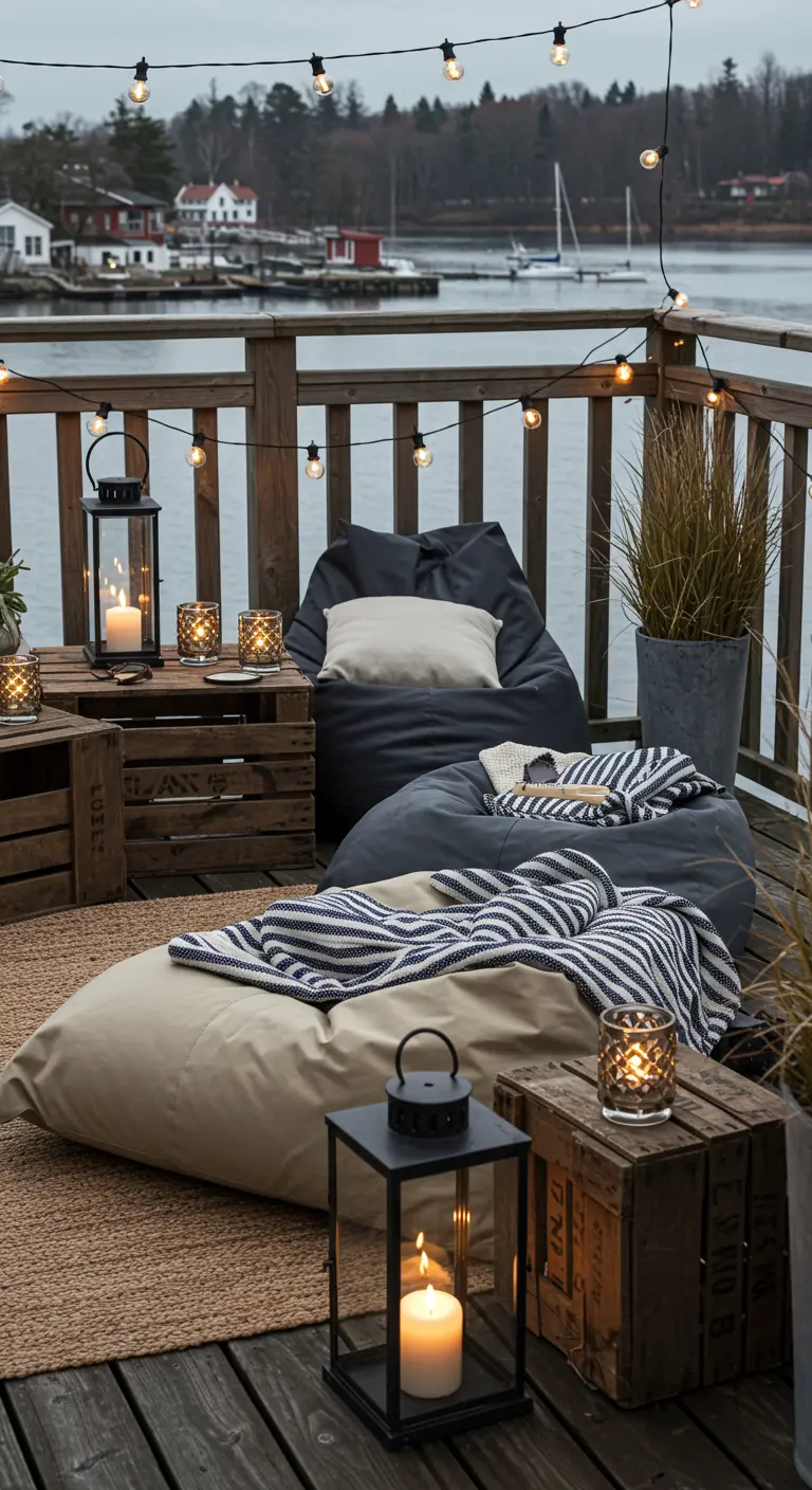 Terrasse au bord de l'eau avec poufs, tapis en jute, caisses en bois et lanternes.