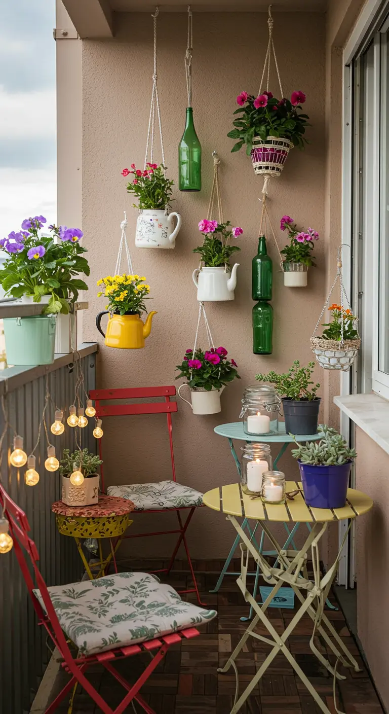 Balcon avec des pots suspendus insolites faits de bouteilles, tasses et bouilloires, table bistro