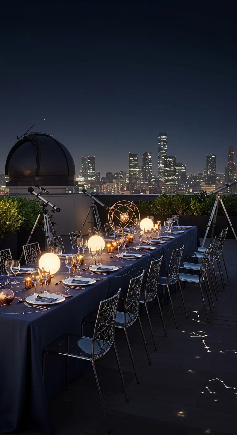 Dîner sur un rooftop avec vue sur la ville, télescopes, boules lumineuses et nappe bleue.