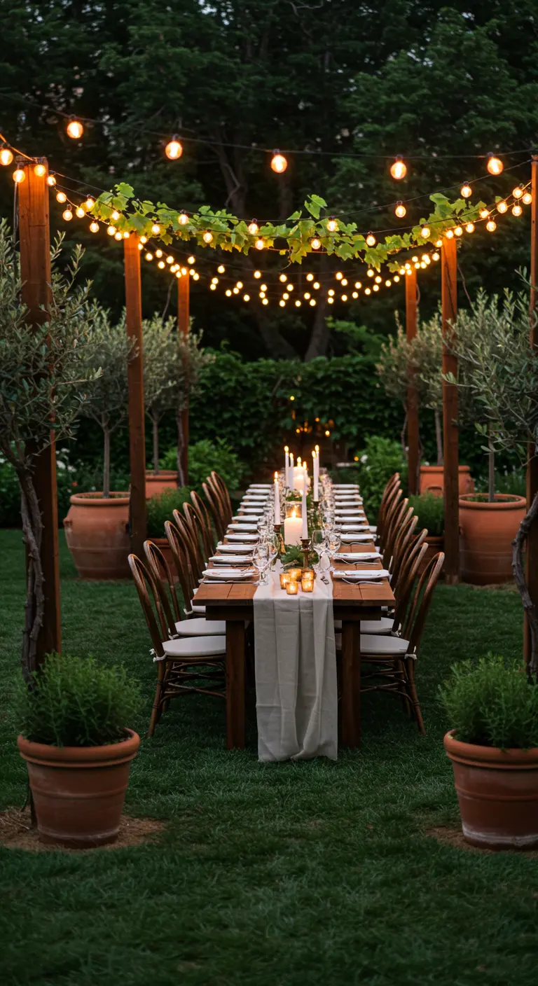 Dîner de vignoble en plein air avec longue table, guirlandes lumineuses et oliviers en pots.