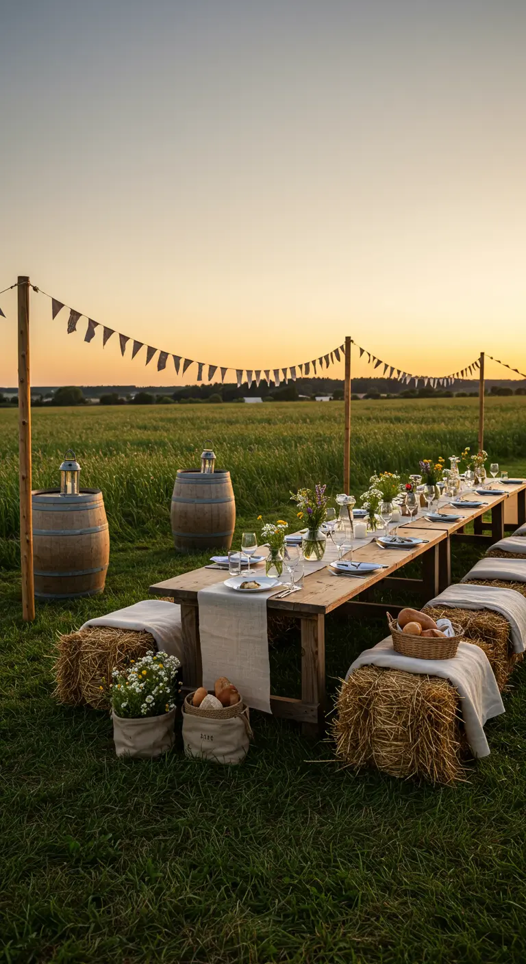 Dîner en plein air dans un champ au coucher du soleil, longue table en bois, bottes de foin, tonneaux avec lanternes et guirlandes.