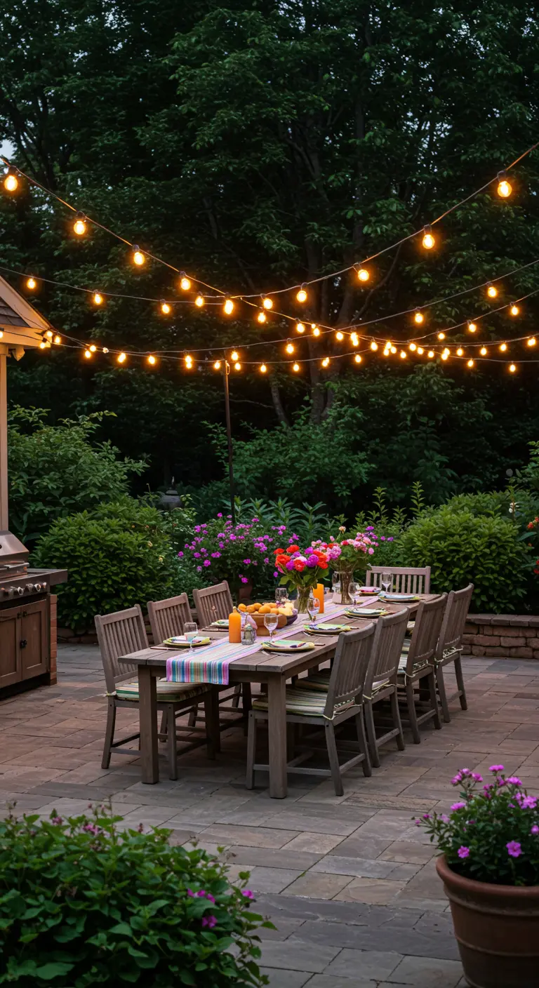 Table de jardin en bois sous des guirlandes lumineuses festonnées, ambiance cosy en soirée.