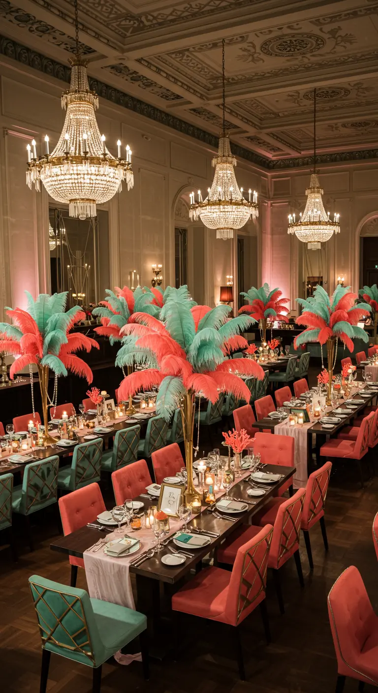 Salle de réception élégante avec longues tables, chaises corail et menthe, centres de table palmiers colorés et chandeliers.
