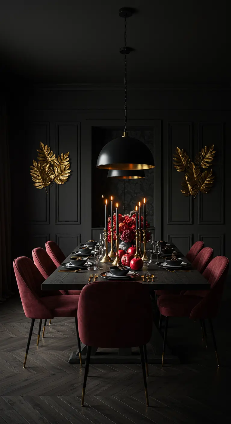 Salle à manger dramatique avec table noire, chaises en velours bordeaux et décorations automnales rouges et dorées.