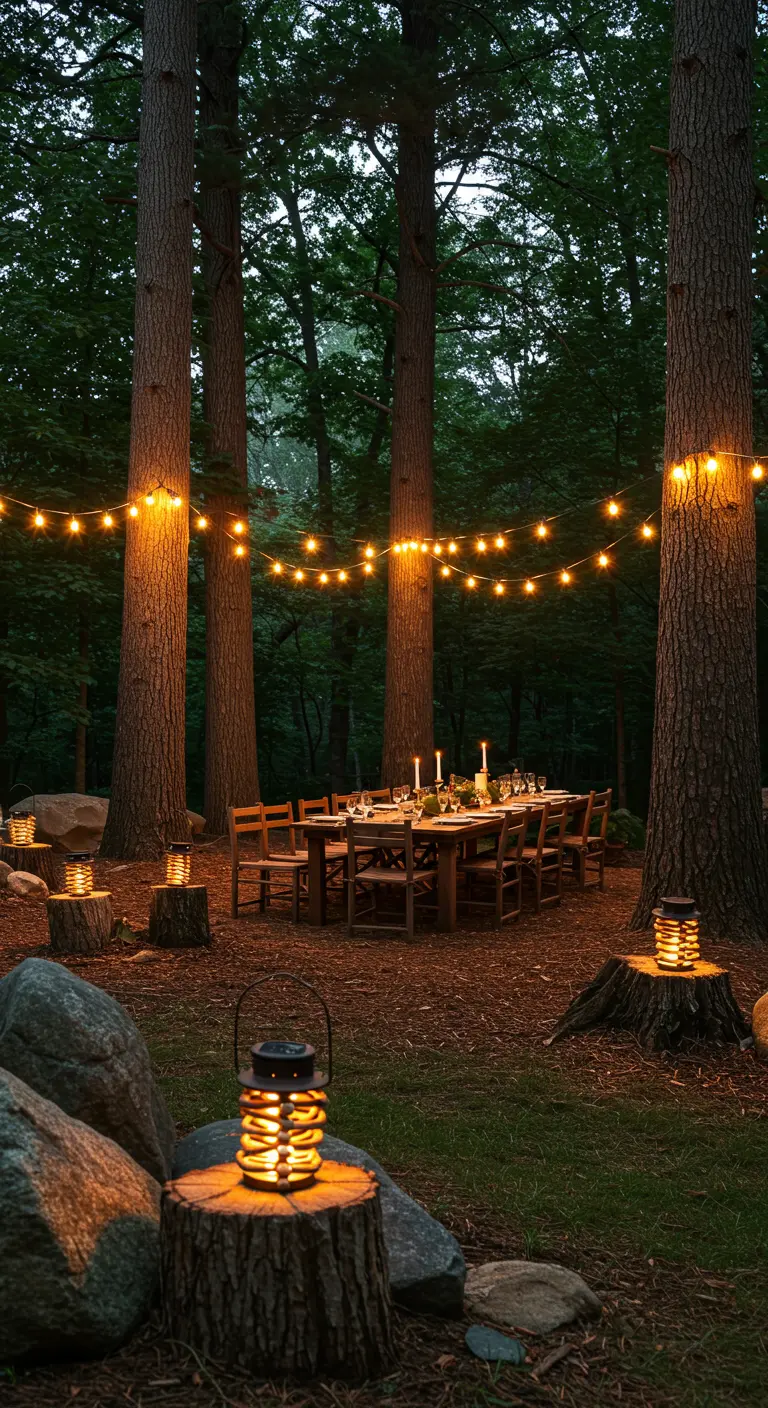 Table de dîner en forêt sous les guirlandes lumineuses et des lanternes sur des troncs.