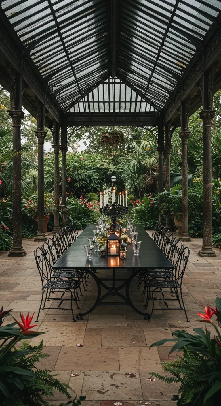 Serre luxuriante avec longue table en fer forgé, chaises, bougies et plantes tropicales.