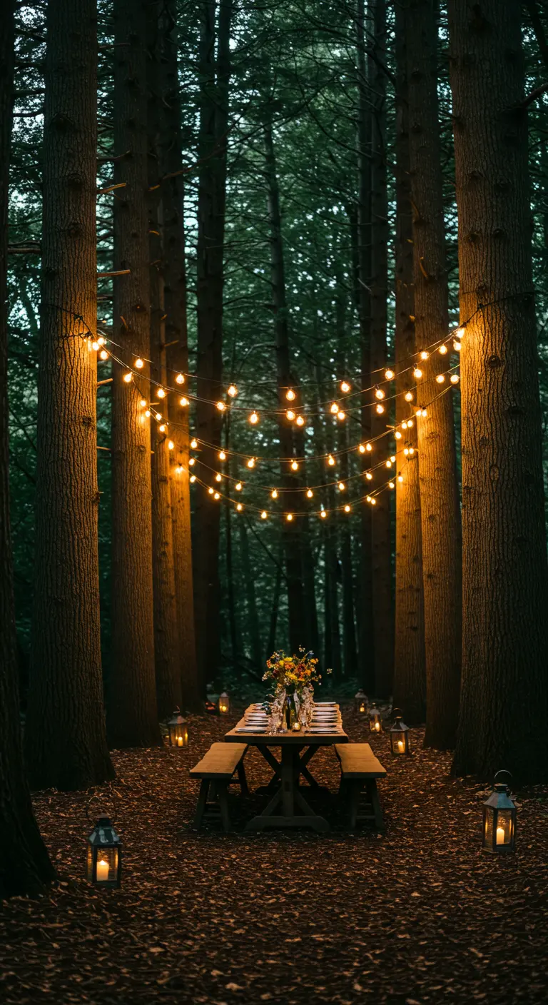 Table de pique-nique dans une forêt, éclairée par des guirlandes suspendues entre les arbres et des lanternes.