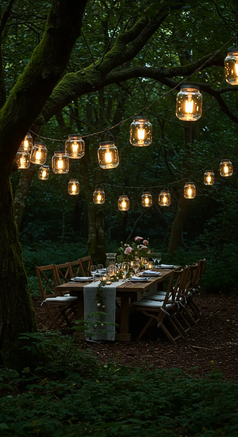 Table de dîner en forêt illuminée par des guirlandes et lanternes solaires en bocaux.