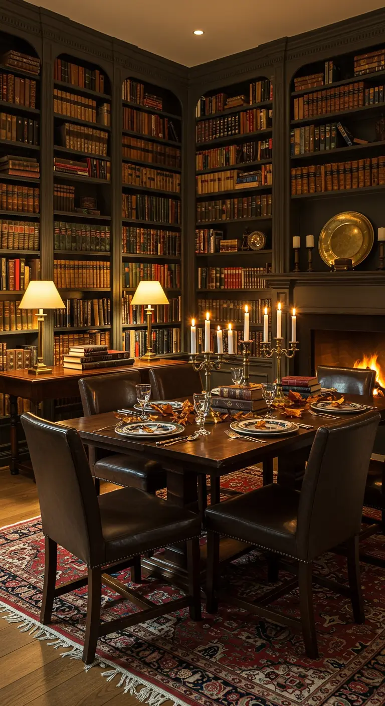Table de salle à manger sombre dans une bibliothèque avec grand candélabre et cheminée.