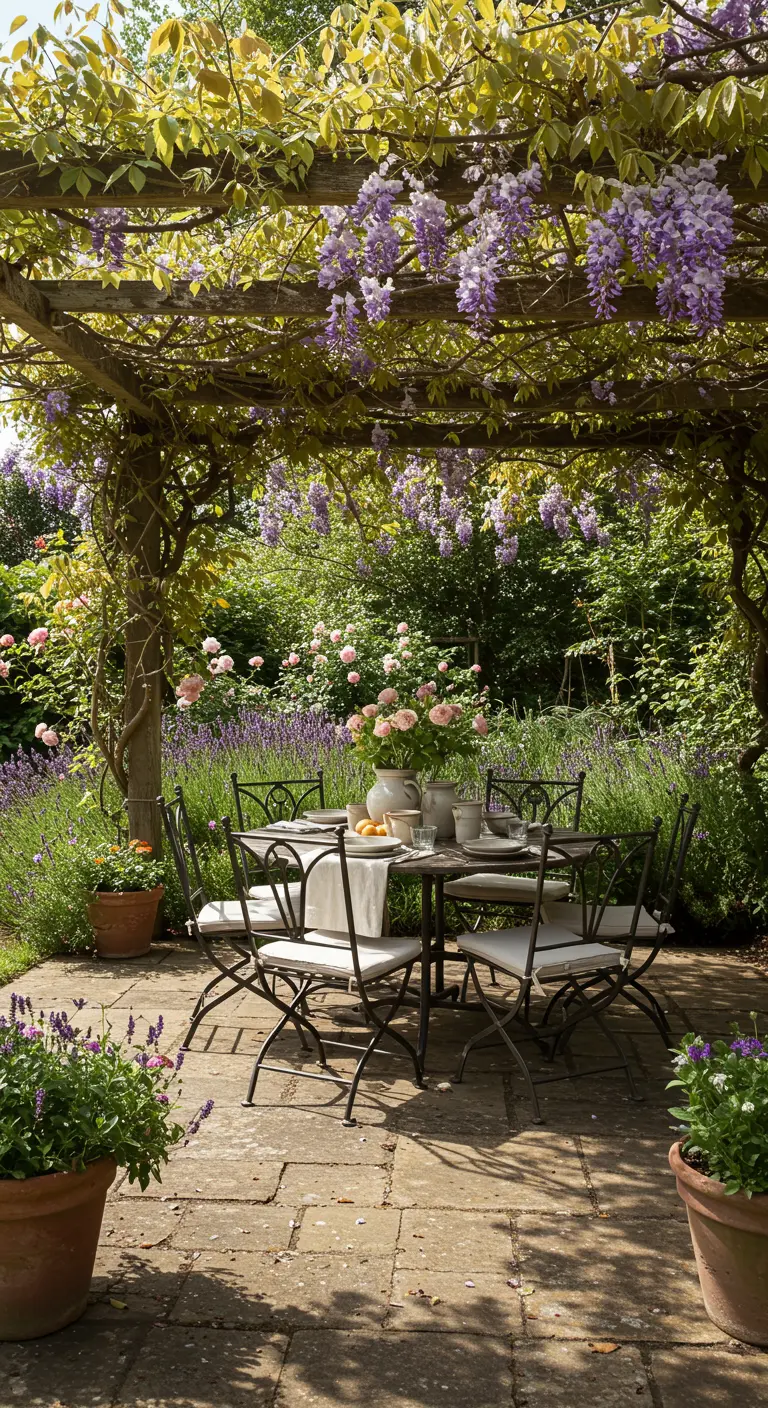 Table à manger en fer forgé sous une pergola de glycine fleurie au milieu d'un jardin.