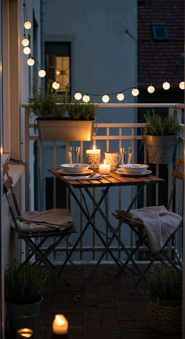 Balcon aménagé pour un dîner romantique avec table dressée, bougies, guirlandes lumineuses et plantes.