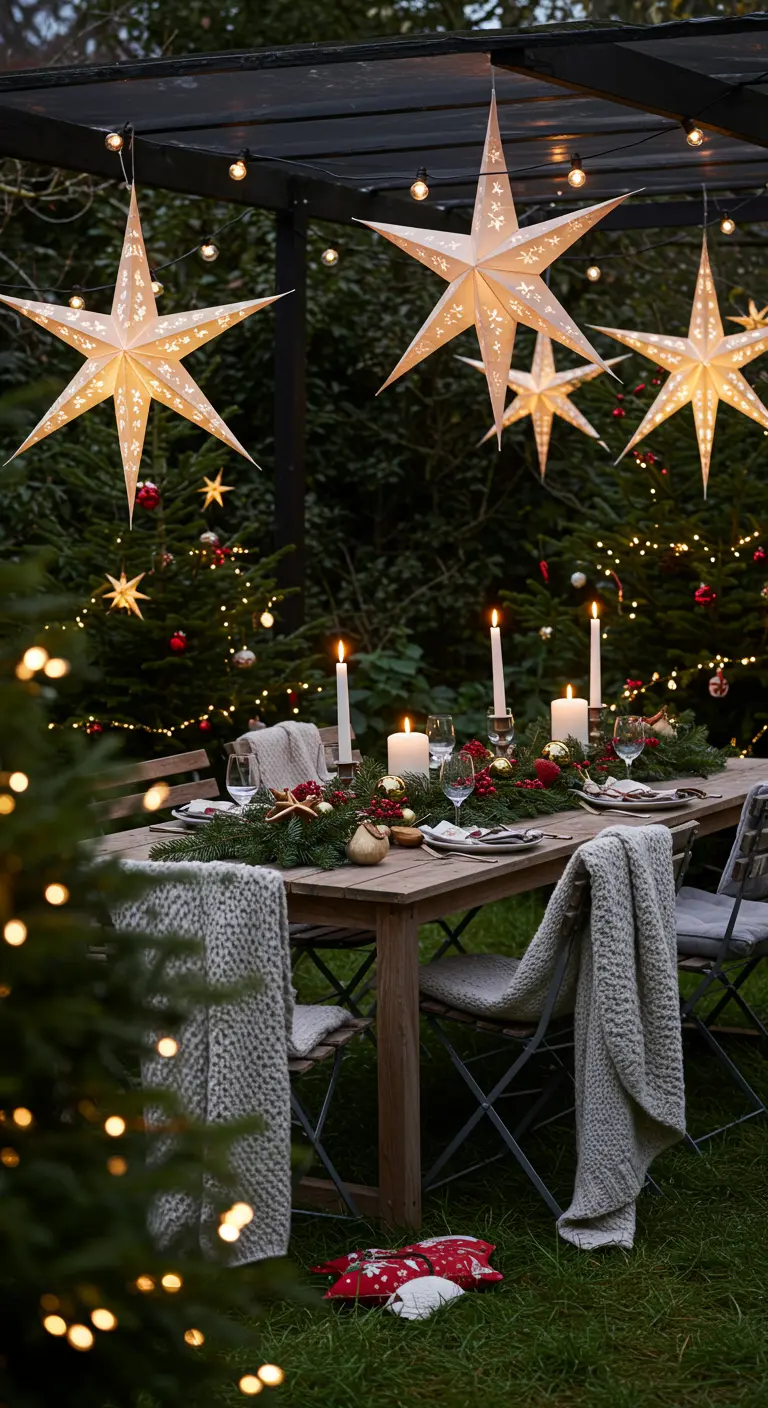 Table de dîner en extérieur décorée de guirlande de sapin, bougies et grandes étoiles en papier lumineuses.