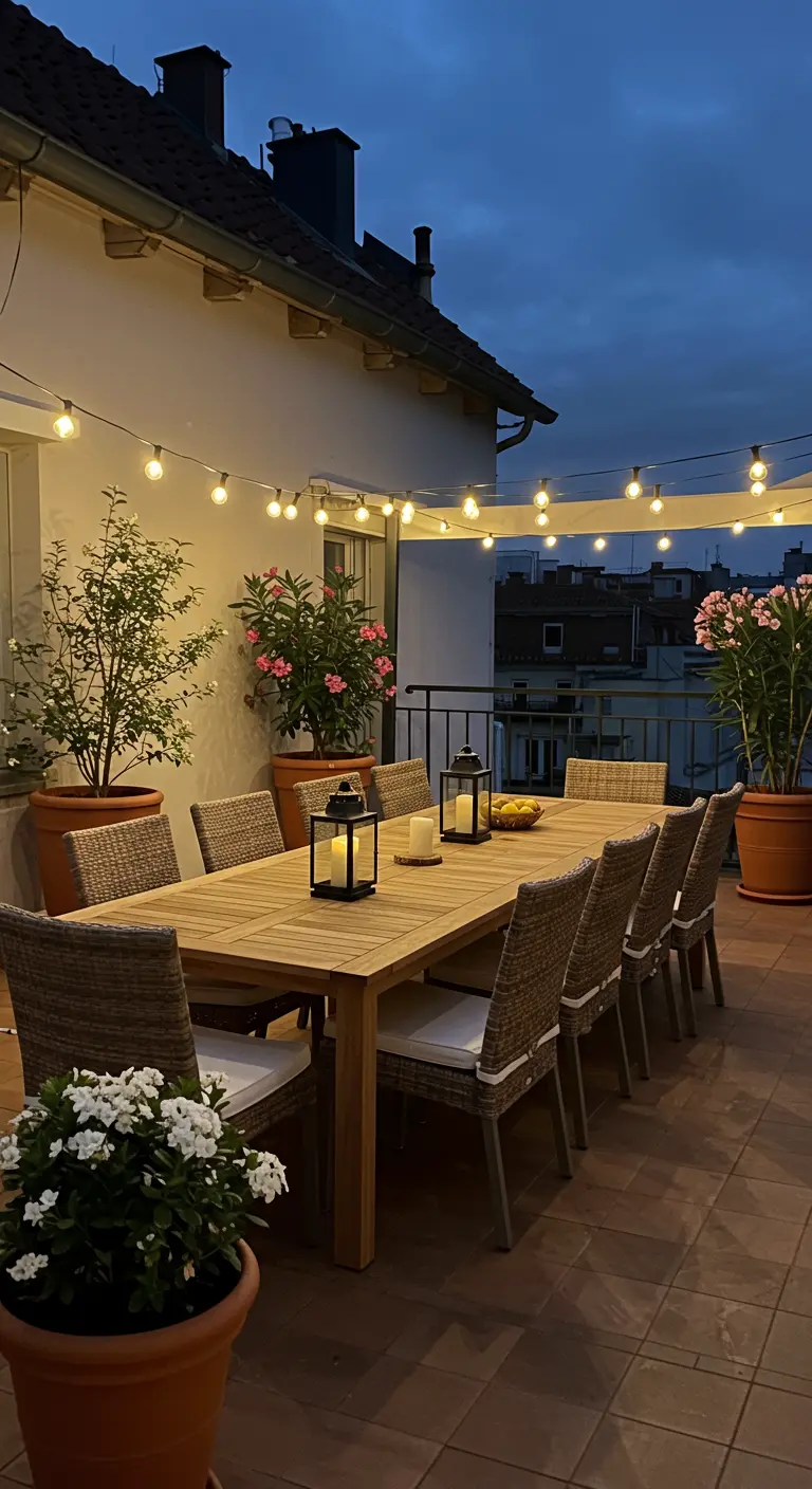 Terrasse de toit avec grande table de repas, chaises en rotin, guirlandes lumineuses et plantes en pots.