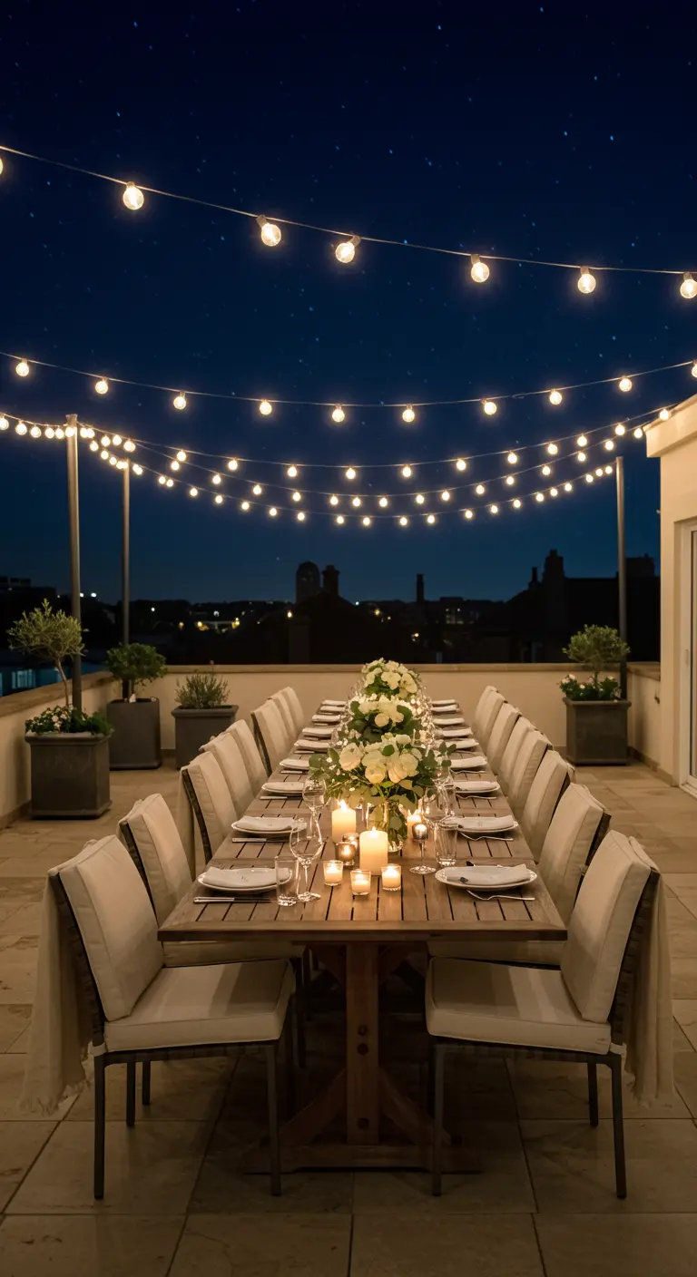 Dîner extérieur élégant avec une longue table décorée de roses blanches, de bougies et de guirlandes lumineuses.