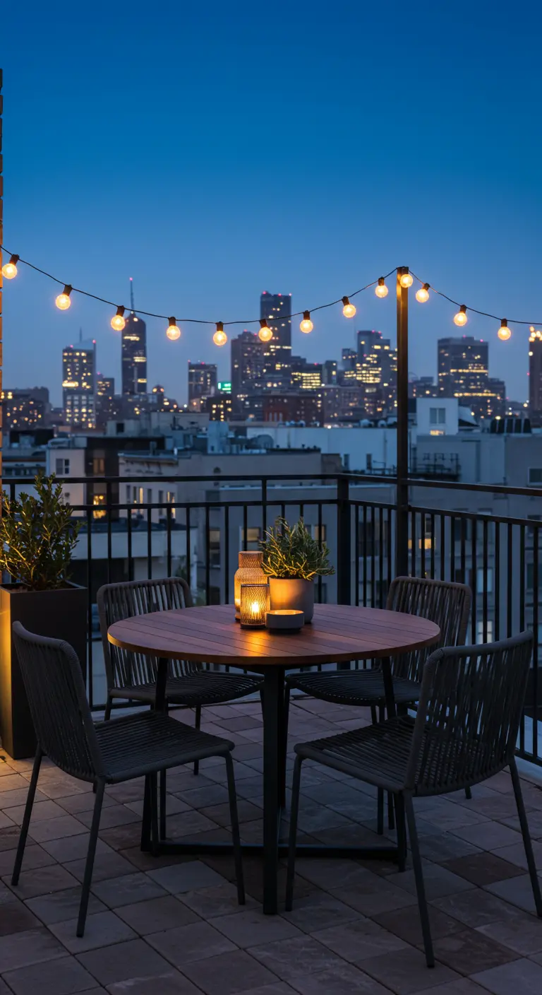 Table ronde et chaises tressées sur un balcon urbain éclairé par une guirlande lumineuse.