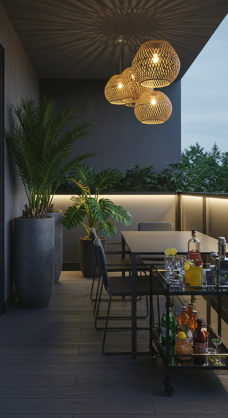 Balcon sombre avec table à manger, grandes plantes, éclairage LED et suspensions bambou.