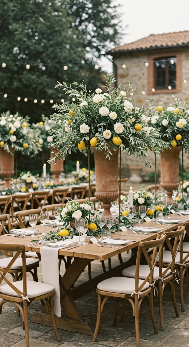 Longue table en bois en extérieur, avec des centres de table d'oliviers, roses blanches et citrons dans des vases en terre cuite.