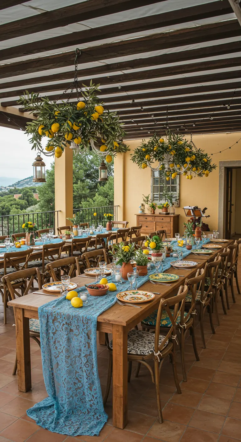 Terrasse méditerranéenne avec longue table en bois, nappe dentelle bleue, lustres à citrons.
