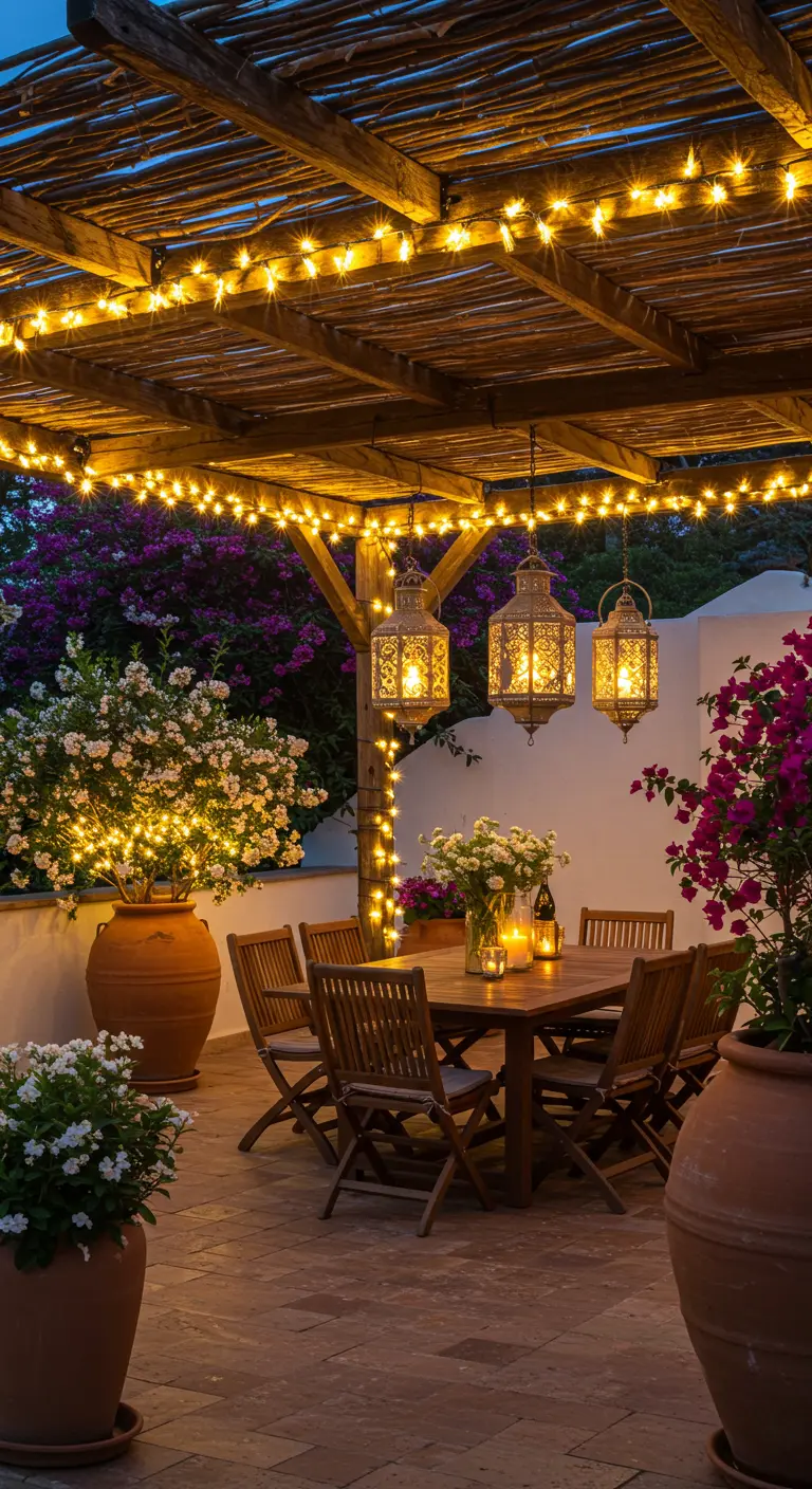Terrasse méditerranéenne avec pergola éclairée par des guirlandes et des lanternes suspendues.