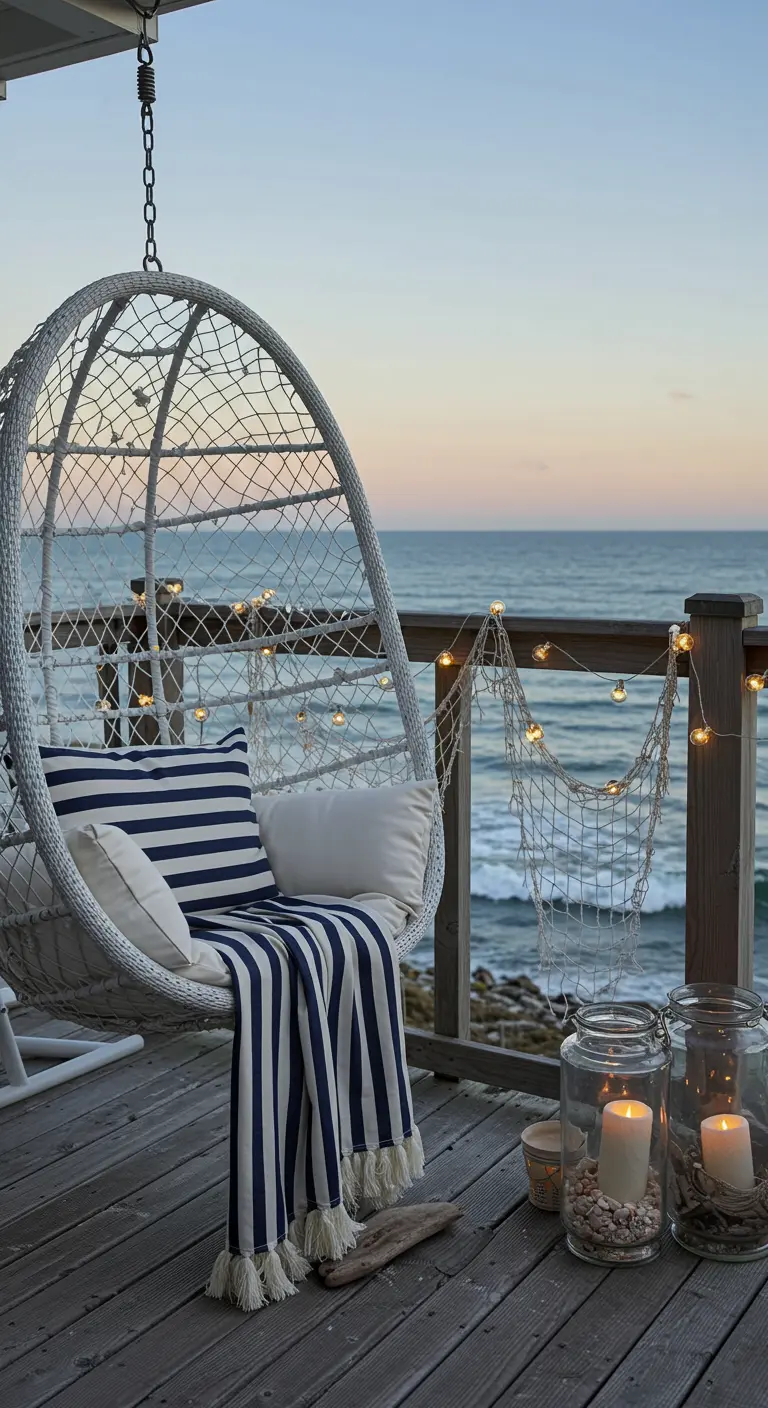 Fauteuil œuf blanc sur une terrasse face à la mer, plaid rayé, guirlandes et décorations marines.