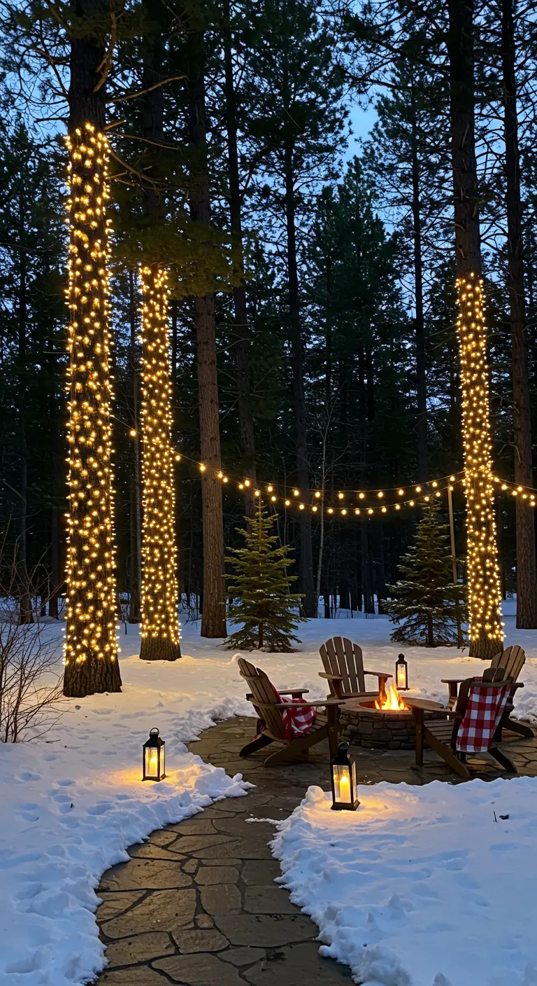 Espace extérieur enneigé avec foyer, chaises Adirondack, et arbres décorés de guirlandes lumineuses.