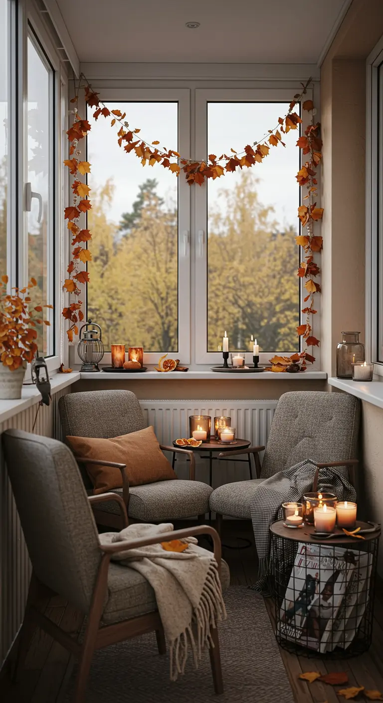 Balcon fermé cosy avec fauteuils, plaids, bougies, guirlande de feuilles lumineuses et vue sur la nature.