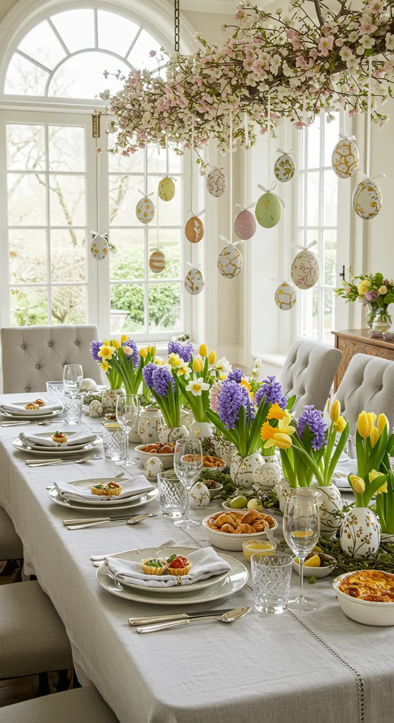 Table de Pâques avec œufs décorés suspendus à des branches fleuries au-dessus.