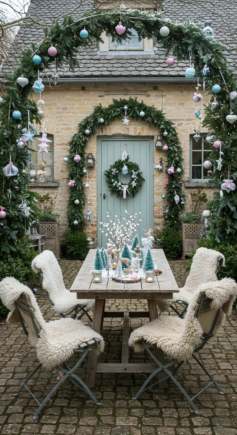 Espace repas extérieur avec table rustique, peaux de mouton et décorations de Noël pastel.