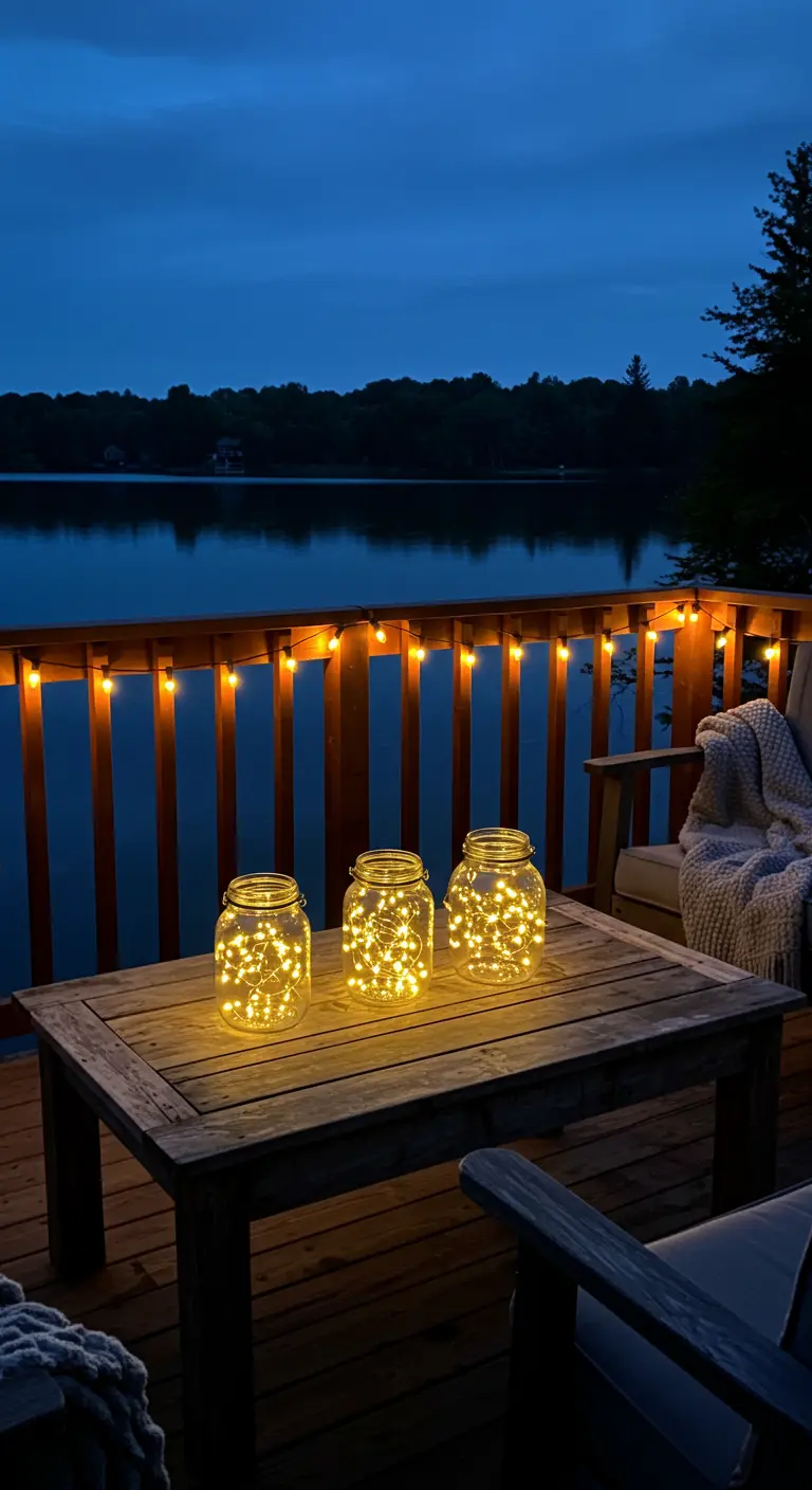 Terrasse en bois au bord d'un lac, éclairée par des guirlandes le long de la balustrade et des bocaux lumineux sur une table.