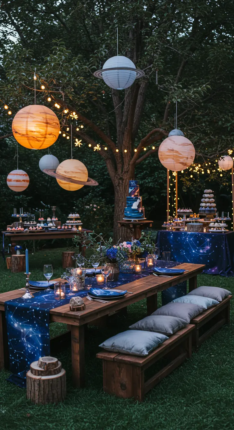 Table de fête extérieure sous des planètes lanternes et guirlandes, avec nappe galaxie et desserts.