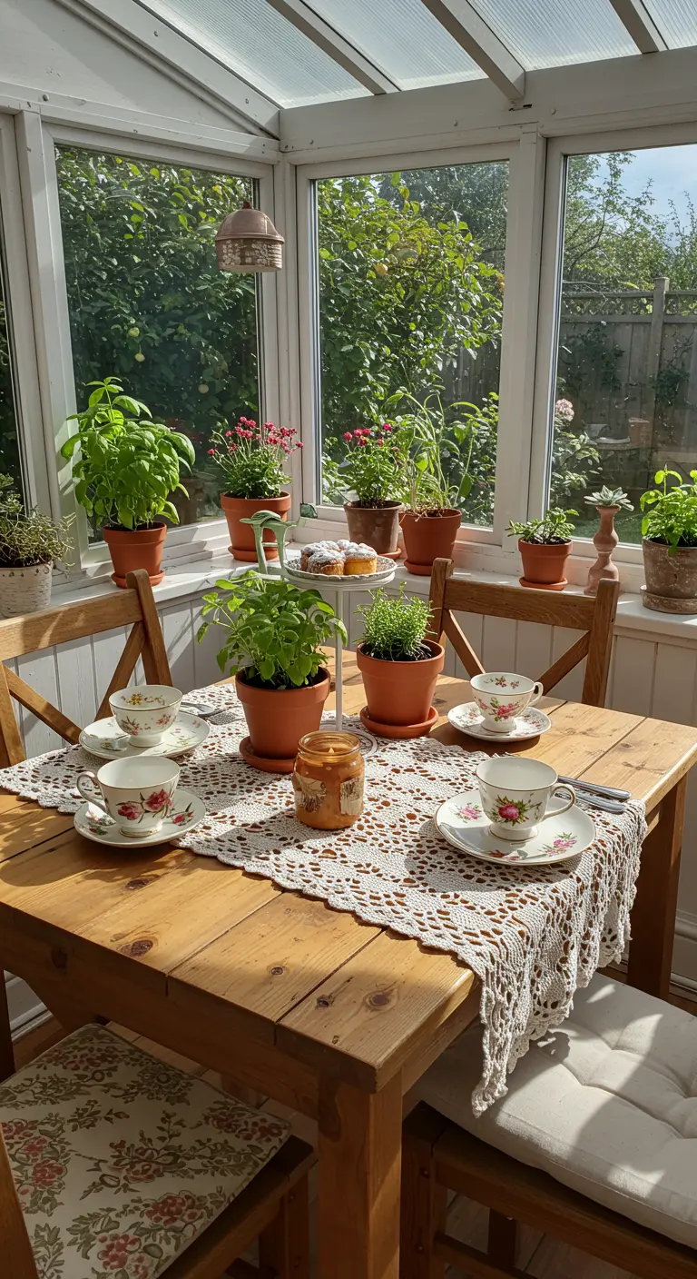 Table en bois dans une véranda avec chemin de table crocheté, herbes aromatiques et tasses fleuries.