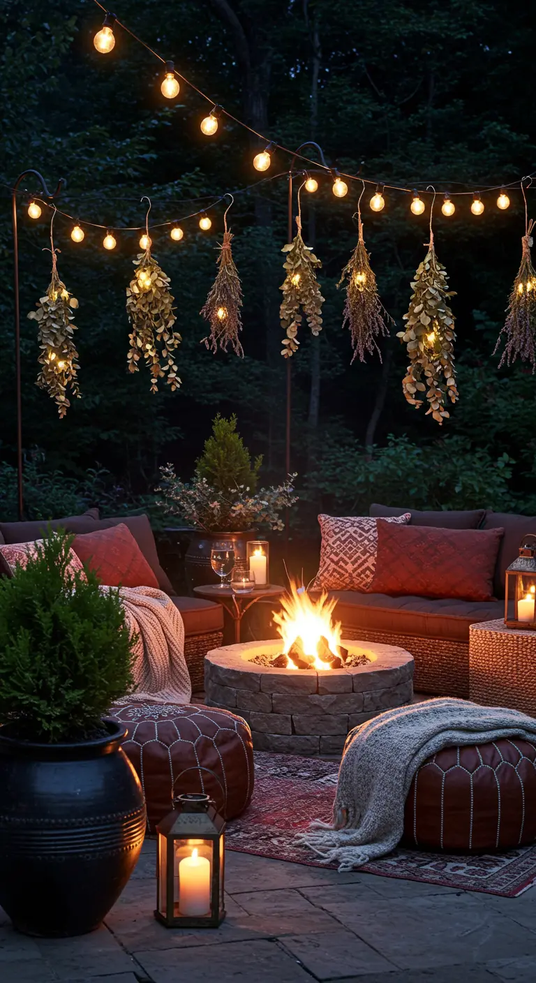 Espace extérieur cosy avec brasero, poufs, canapé, guirlandes lumineuses et feuillages.