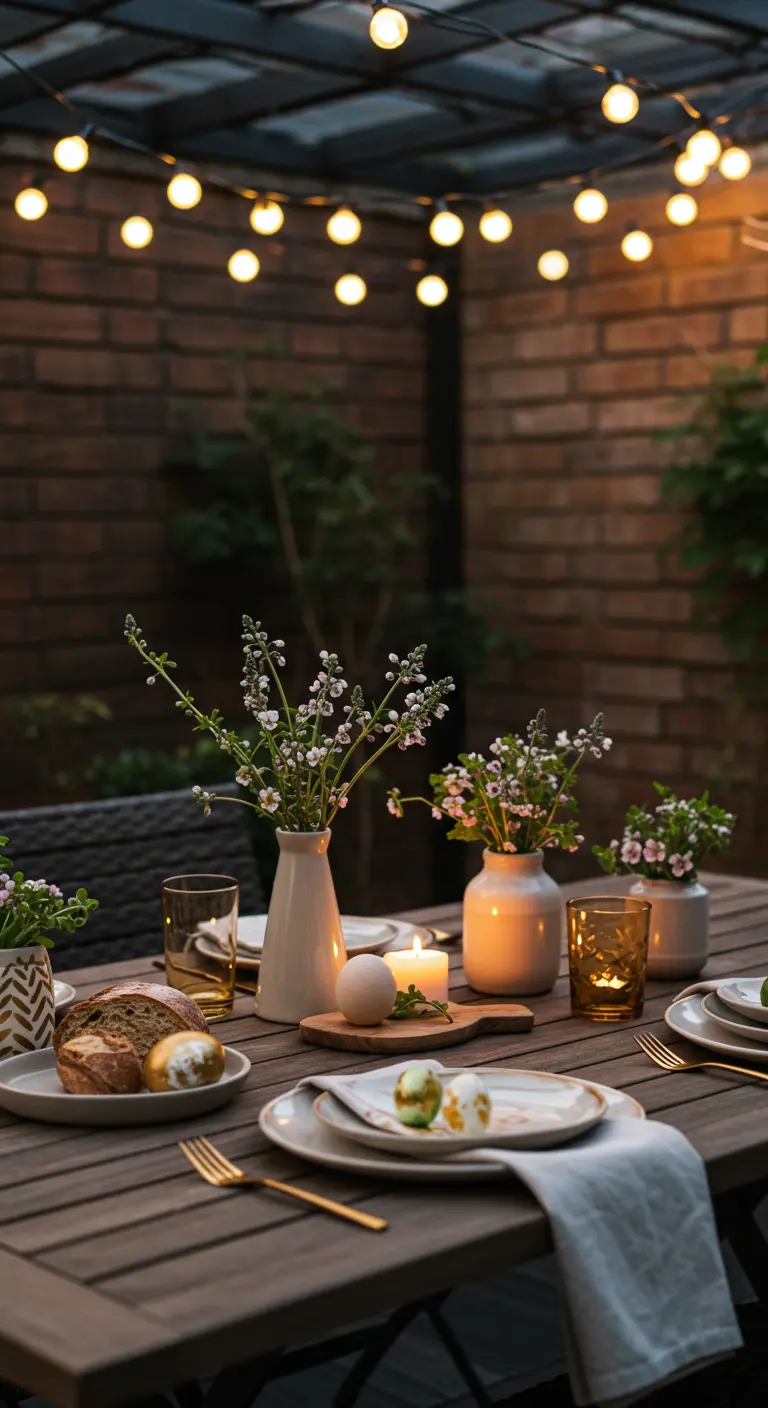 Table d'extérieur au crépuscule avec guirlandes lumineuses et œufs dorés.
