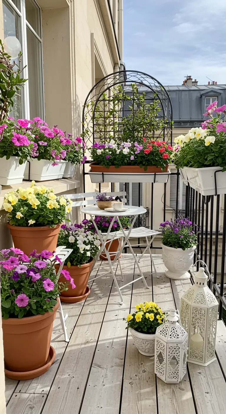Balcon printanier avec pétunias pastel, table bistro blanche et lanternes décoratives sur plancher bois.
